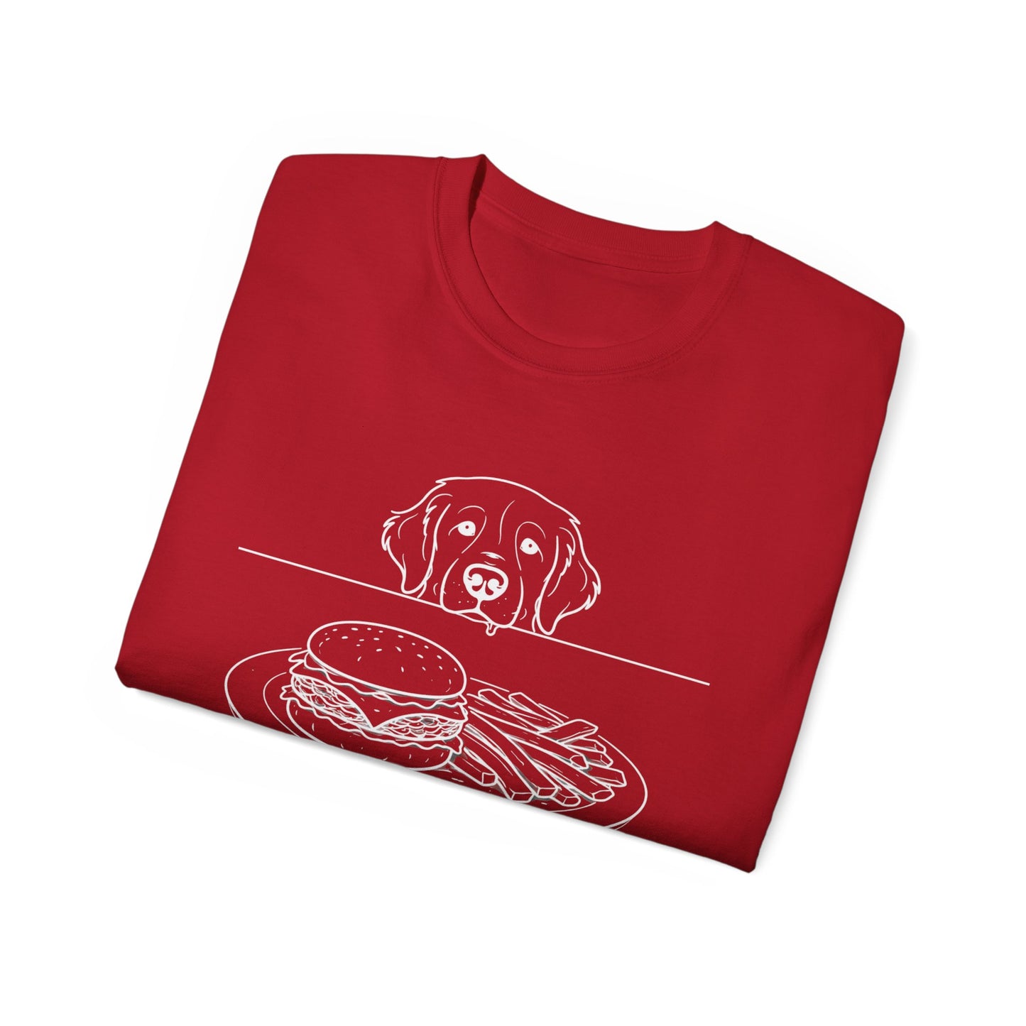Dog Begging for Burger T-Shirt | Golden Retriever POV Line Art Tee