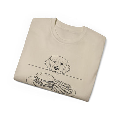 Dog Begging for Burger T-Shirt | Golden Retriever POV Line Art Tee