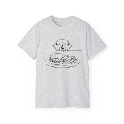 Dog Begging for Burger T-Shirt | Golden Retriever POV Line Art Tee