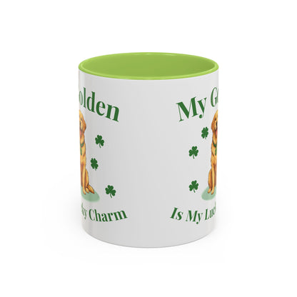 Accent Coffee Mug — “My Golden Is My Lucky Charm” St. Patrick’s Day Golden Retriever Mug