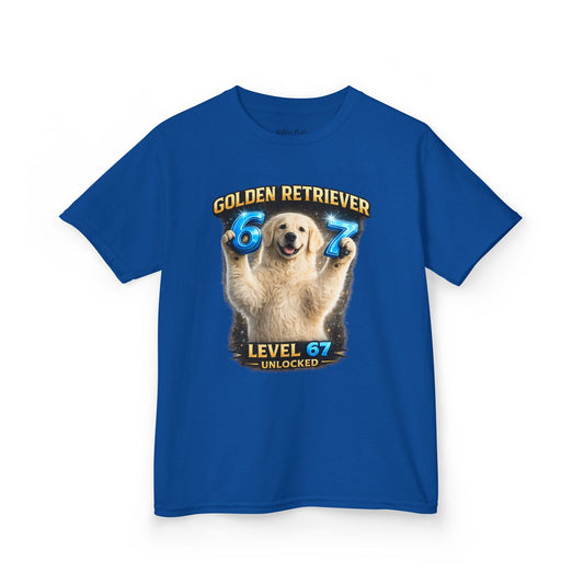 Blue t-shirt with a Golden Retriever graphic and text on a white background