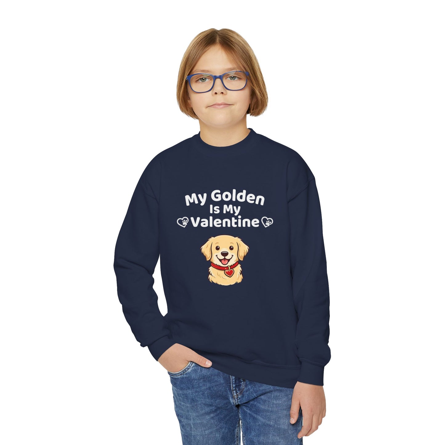 Youth Golden Retriever Valentine Sweatshirt | Cute Valentine's Day Apparel for Dog Lovers | Gift Ideas