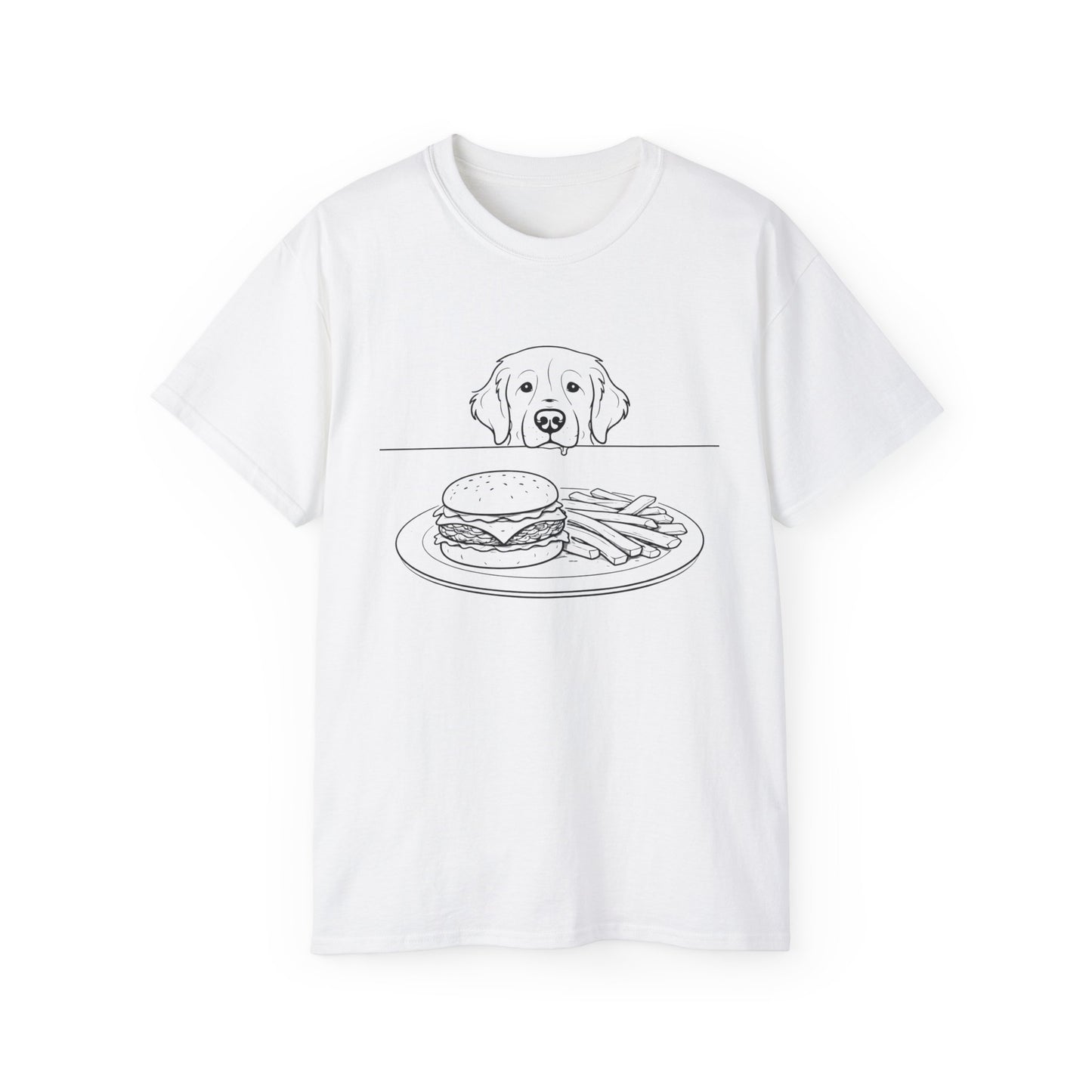 Dog Begging for Burger T-Shirt | Golden Retriever POV Line Art Tee