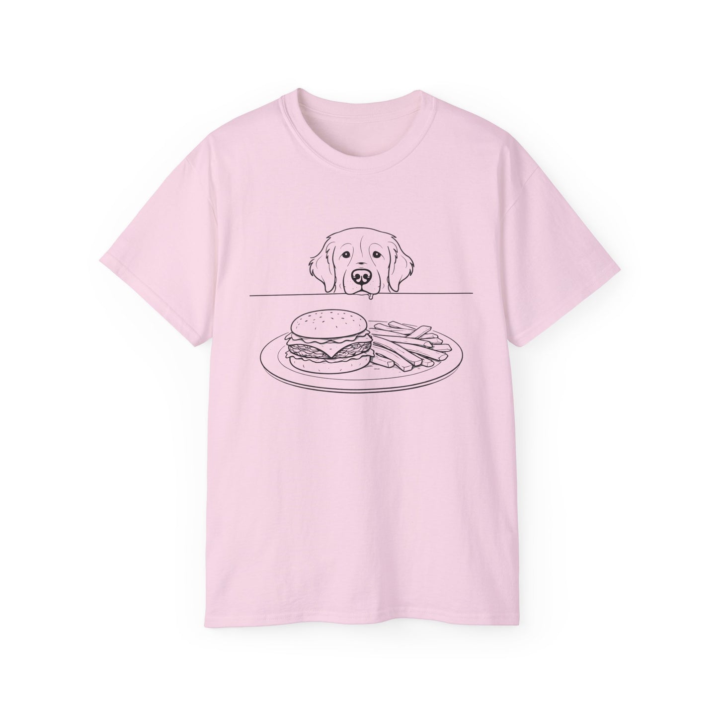 Dog Begging for Burger T-Shirt | Golden Retriever POV Line Art Tee