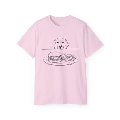 Dog Begging for Burger T-Shirt | Golden Retriever POV Line Art Tee