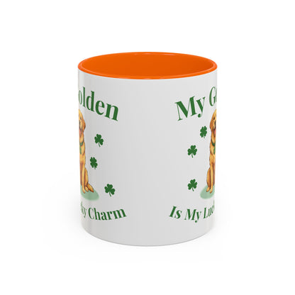 Accent Coffee Mug — “My Golden Is My Lucky Charm” St. Patrick’s Day Golden Retriever Mug