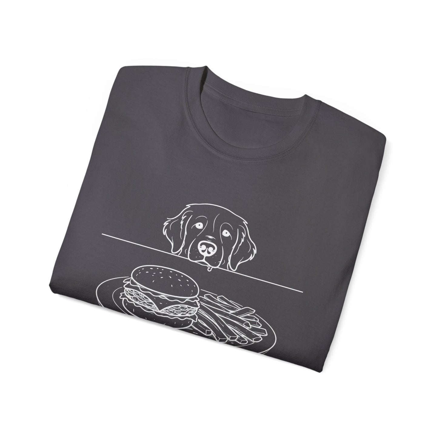 Dog Begging for Burger T-Shirt | Golden Retriever POV Line Art Tee
