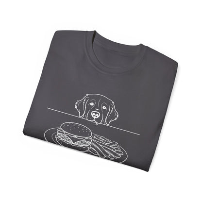 Dog Begging for Burger T-Shirt | Golden Retriever POV Line Art Tee