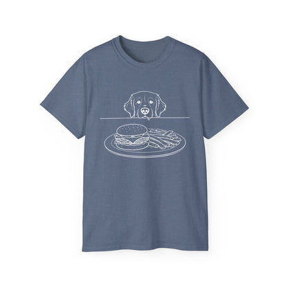 Dog Begging for Burger T-Shirt | Golden Retriever POV Line Art Tee
