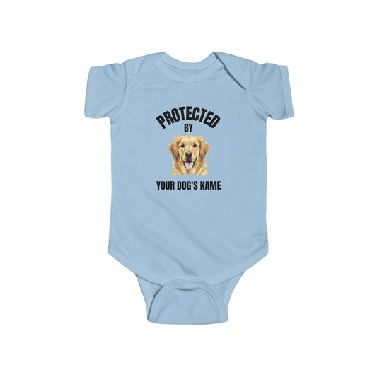 Personalized Baby Onesie – Protected by [Dog’s Name] | Golden Retriever Gift