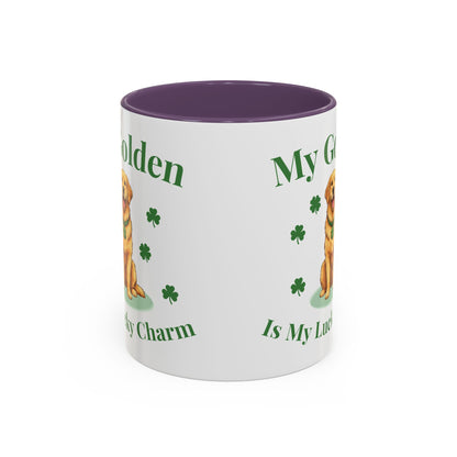 Accent Coffee Mug — “My Golden Is My Lucky Charm” St. Patrick’s Day Golden Retriever Mug