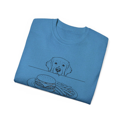 Dog Begging for Burger T-Shirt | Golden Retriever POV Line Art Tee
