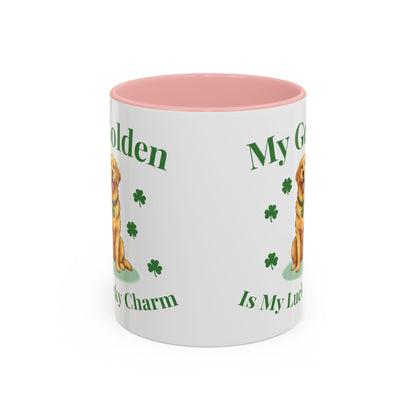Accent Coffee Mug — “My Golden Is My Lucky Charm” St. Patrick’s Day Golden Retriever Mug