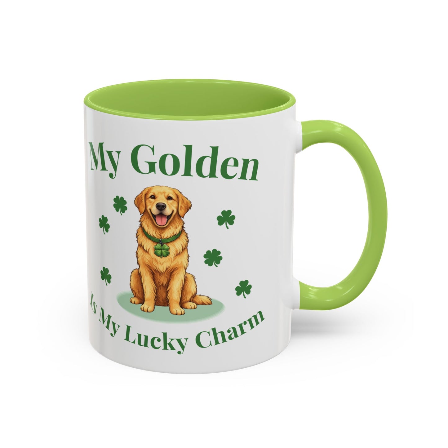 Accent Coffee Mug — “My Golden Is My Lucky Charm” St. Patrick’s Day Golden Retriever Mug