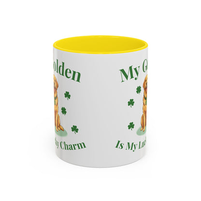 Accent Coffee Mug — “My Golden Is My Lucky Charm” St. Patrick’s Day Golden Retriever Mug