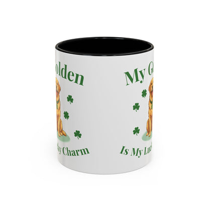 Accent Coffee Mug — “My Golden Is My Lucky Charm” St. Patrick’s Day Golden Retriever Mug