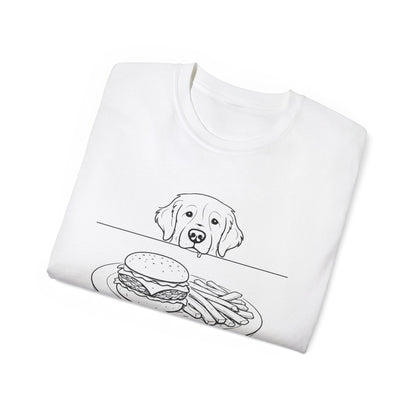 Dog Begging for Burger T-Shirt | Golden Retriever POV Line Art Tee