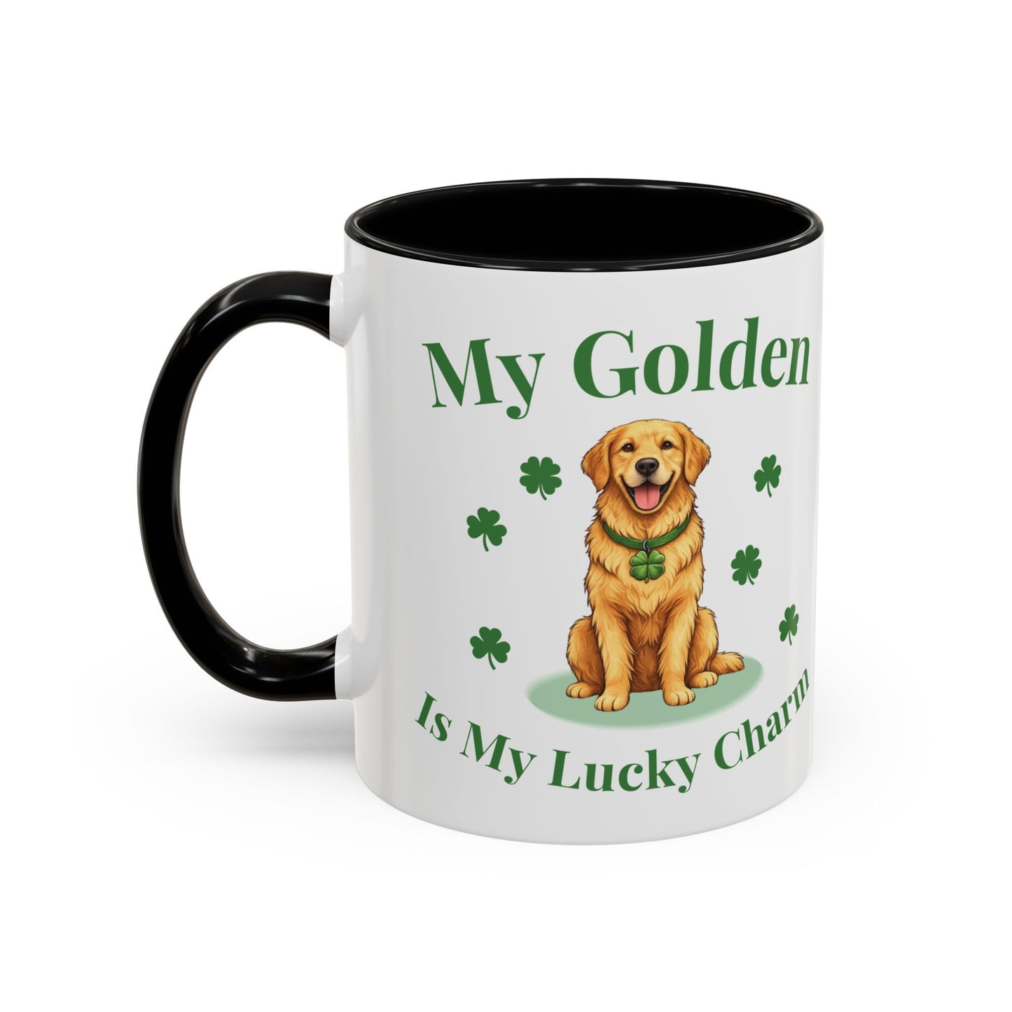 Accent Coffee Mug — “My Golden Is My Lucky Charm” St. Patrick’s Day Golden Retriever Mug