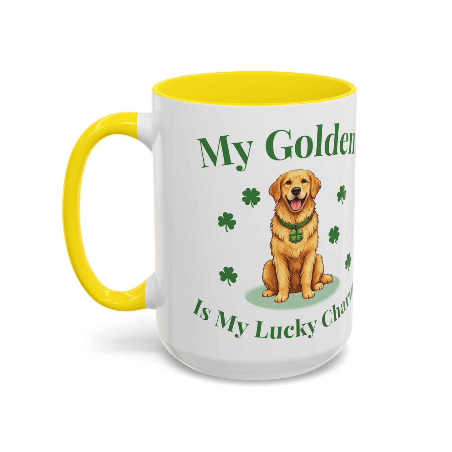 Accent Coffee Mug — “My Golden Is My Lucky Charm” St. Patrick’s Day Golden Retriever Mug