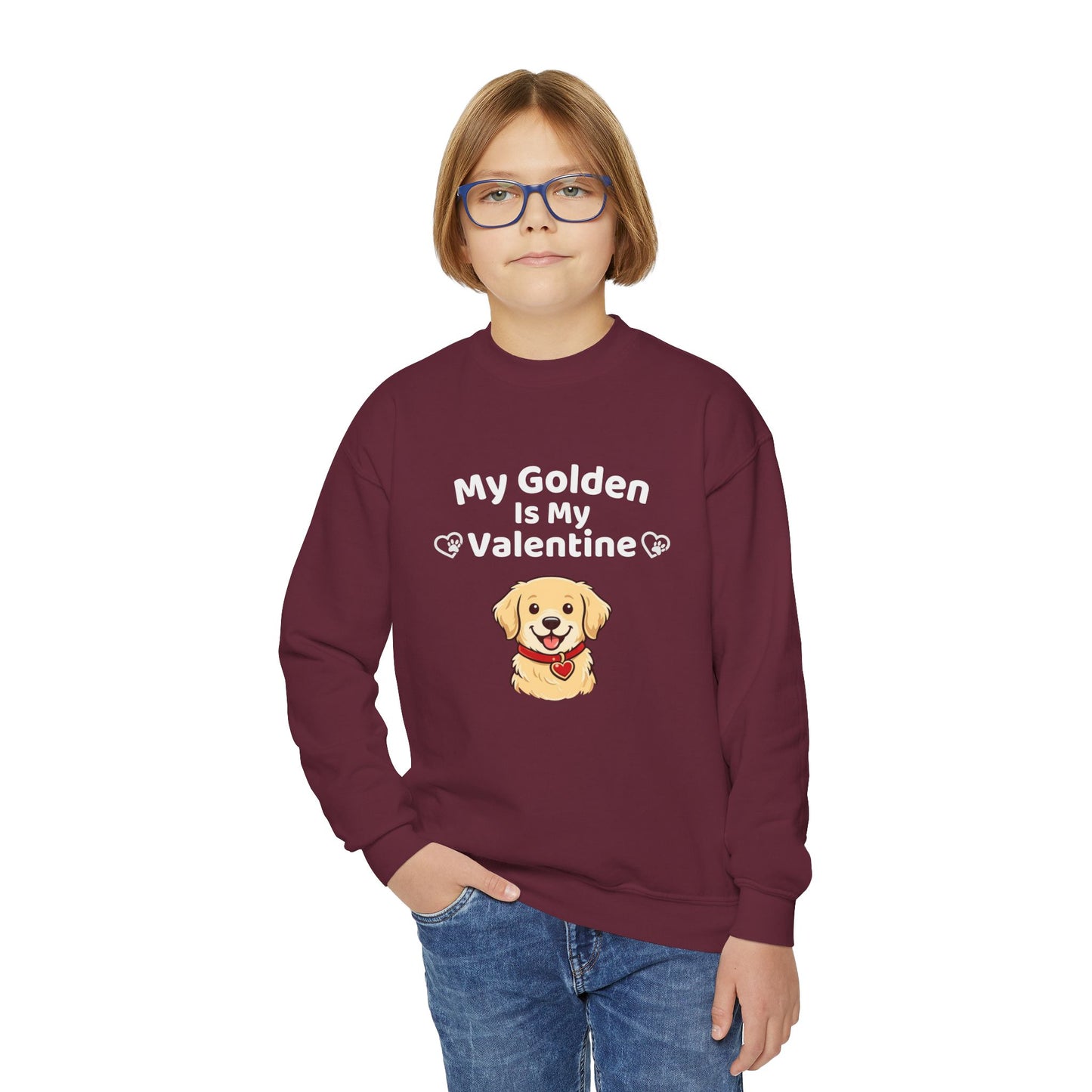 Youth Golden Retriever Valentine Sweatshirt | Cute Valentine's Day Apparel for Dog Lovers | Gift Ideas