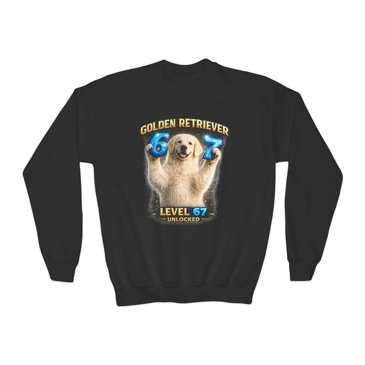 Black sweatshirt with a graphic of a Golden Retriever and text on a white background