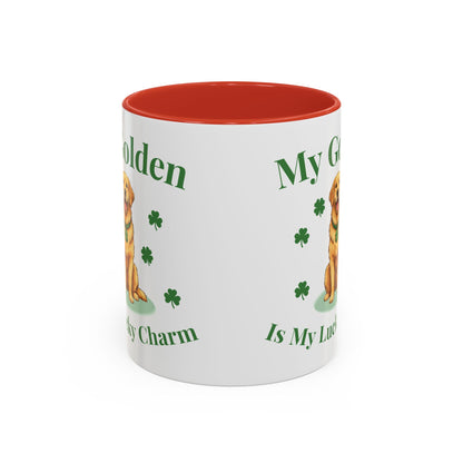 Accent Coffee Mug — “My Golden Is My Lucky Charm” St. Patrick’s Day Golden Retriever Mug