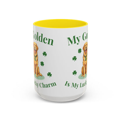 Accent Coffee Mug — “My Golden Is My Lucky Charm” St. Patrick’s Day Golden Retriever Mug
