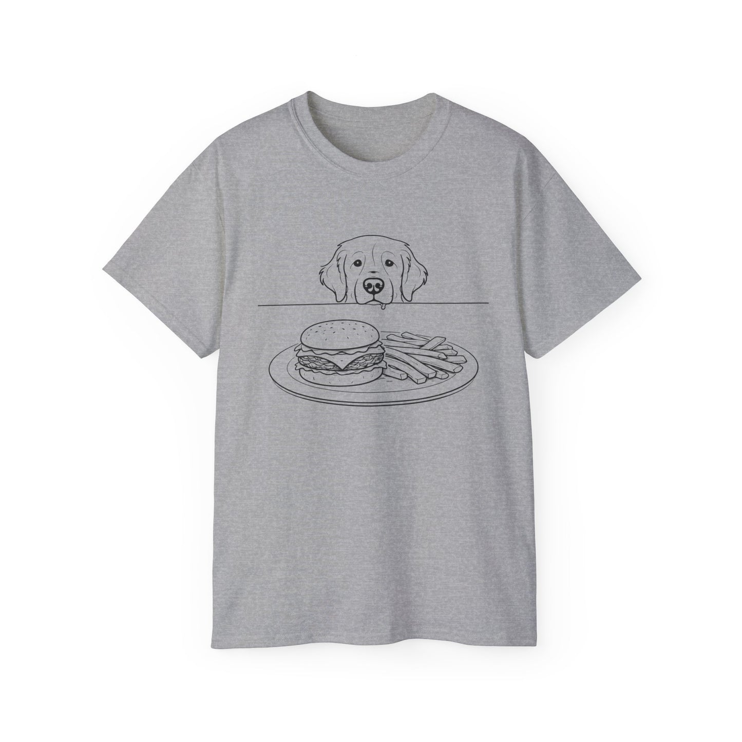 Dog Begging for Burger T-Shirt | Golden Retriever POV Line Art Tee