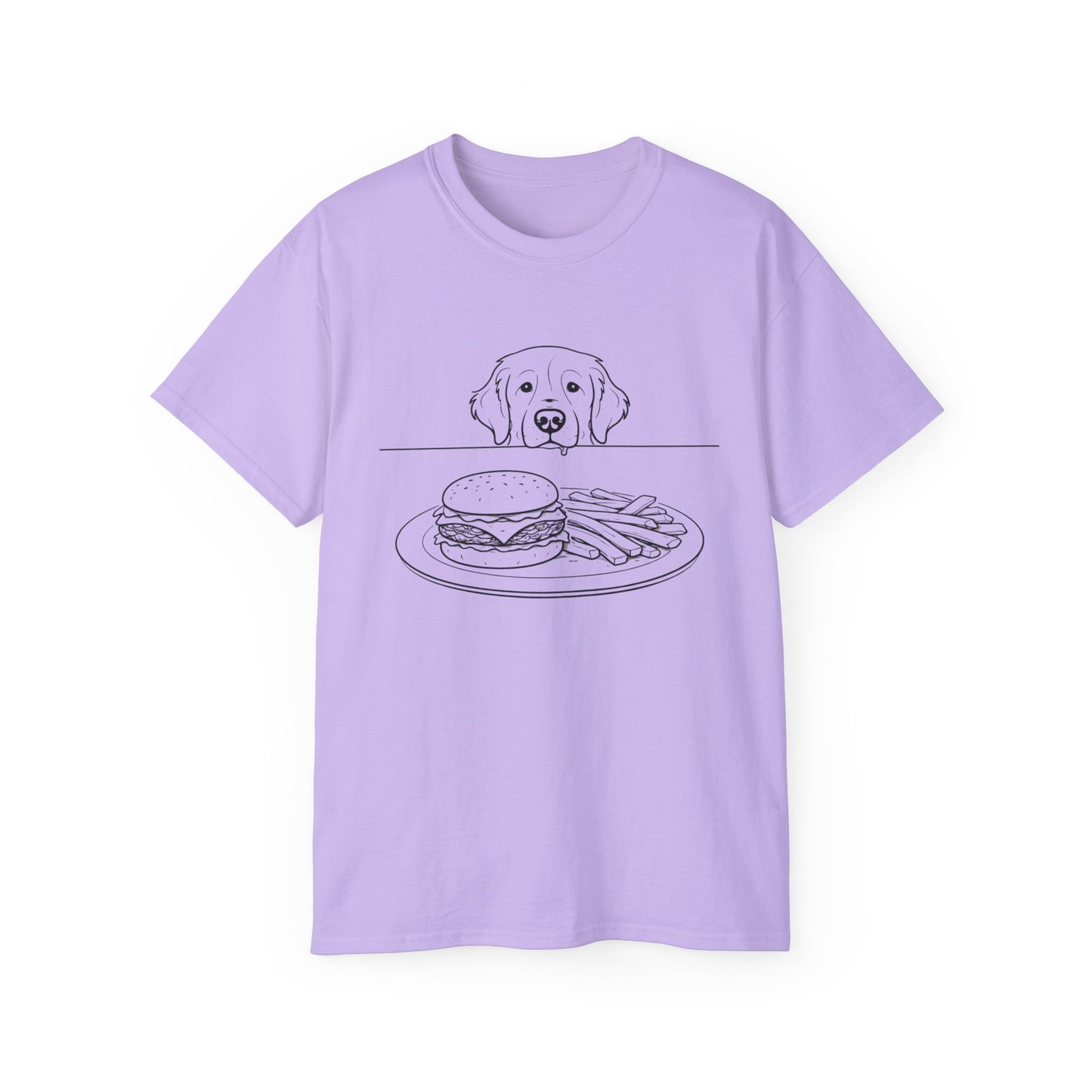 Dog Begging for Burger T-Shirt | Golden Retriever POV Line Art Tee