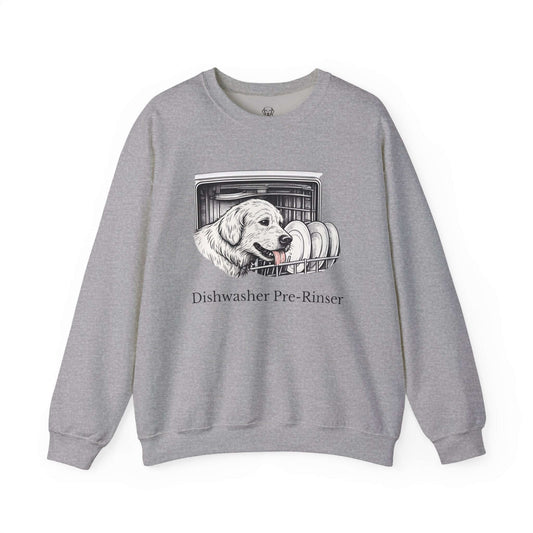Dishwasher Pre-Rinser Sweatshirt | Golden Retriever Kitchen Crewneck featuring a dog next to a dishwasher.