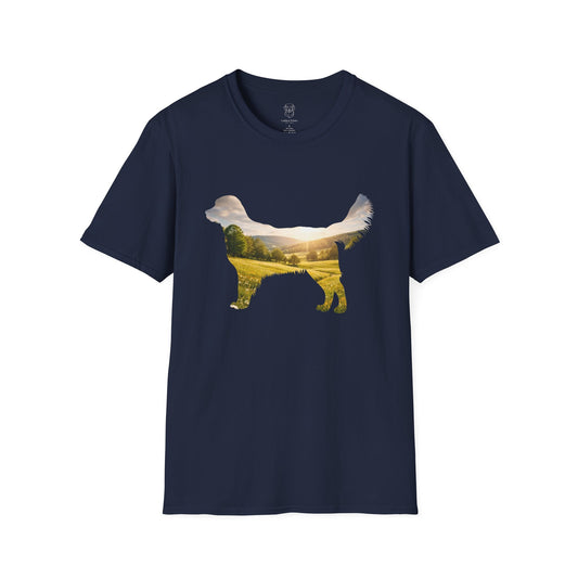 Golden Retriever Silhouette T-Shirt | Sunrise Meadow Landscape Dog Shirt
