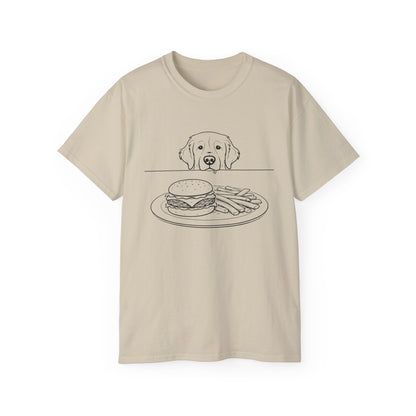 Dog Begging for Burger T-Shirt | Golden Retriever POV Line Art Tee
