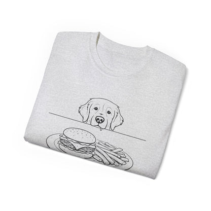 Dog Begging for Burger T-Shirt | Golden Retriever POV Line Art Tee