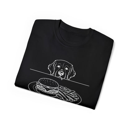 Dog Begging for Burger T-Shirt | Golden Retriever POV Line Art Tee