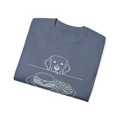 Dog Begging for Burger T-Shirt | Golden Retriever POV Line Art Tee