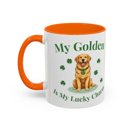 Accent Coffee Mug — “My Golden Is My Lucky Charm” St. Patrick’s Day Golden Retriever Mug