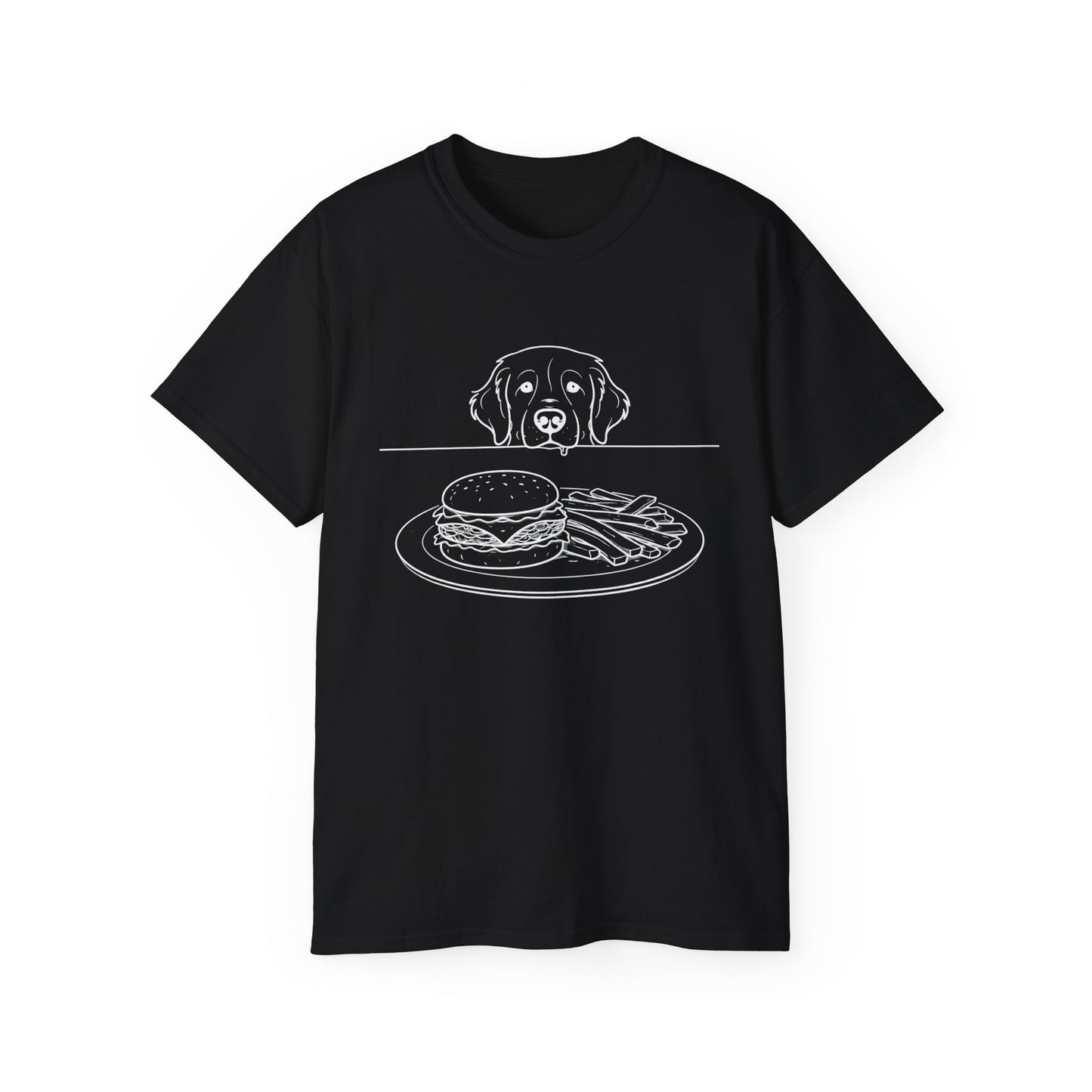Dog Begging for Burger T-Shirt | Golden Retriever POV Line Art Tee