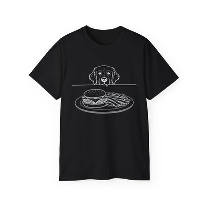 Dog Begging for Burger T-Shirt | Golden Retriever POV Line Art Tee