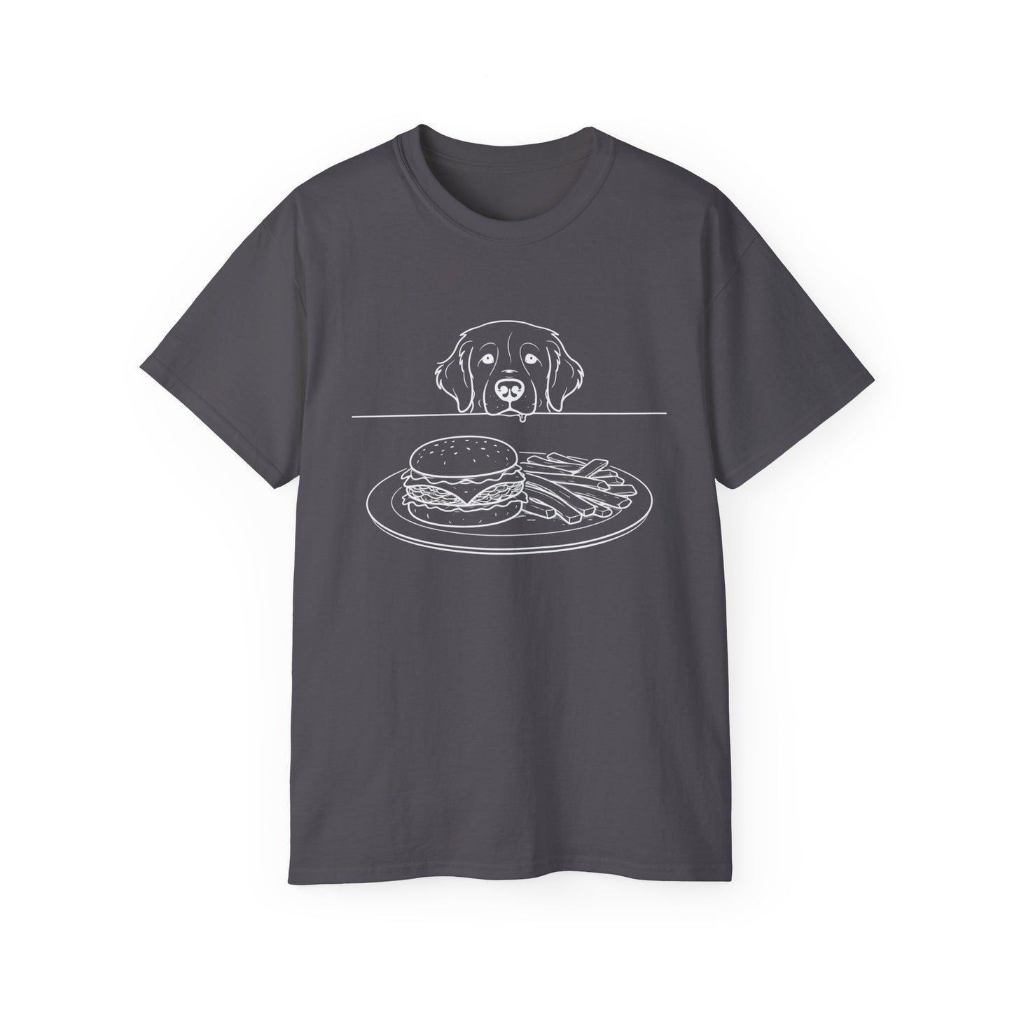 Dog Begging for Burger T-Shirt | Golden Retriever POV Line Art Tee
