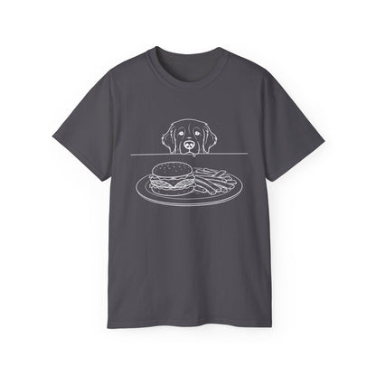 Dog Begging for Burger T-Shirt | Golden Retriever POV Line Art Tee