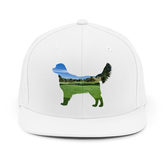 Golden Retriever Golf Landscape Snapback Hat | Scenic Dog Silhouette Cap