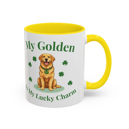 Accent Coffee Mug — “My Golden Is My Lucky Charm” St. Patrick’s Day Golden Retriever Mug