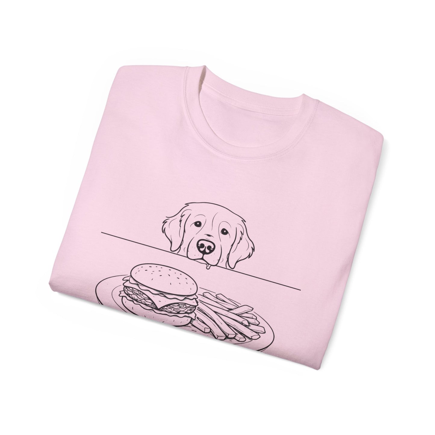 Dog Begging for Burger T-Shirt | Golden Retriever POV Line Art Tee