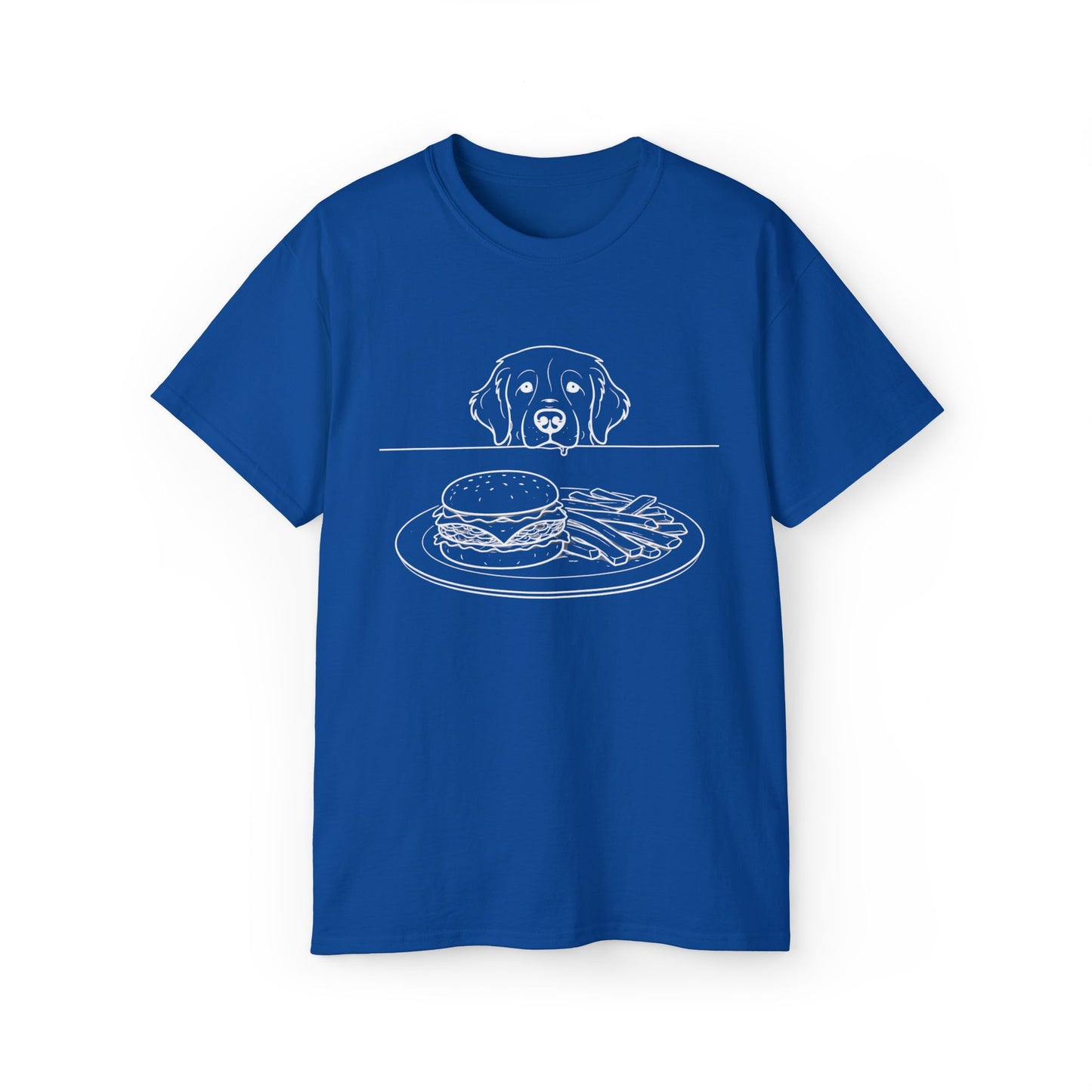 Dog Begging for Burger T-Shirt | Golden Retriever POV Line Art Tee