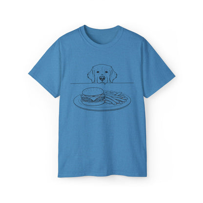 Dog Begging for Burger T-Shirt | Golden Retriever POV Line Art Tee