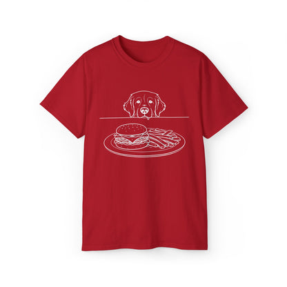 Dog Begging for Burger T-Shirt | Golden Retriever POV Line Art Tee