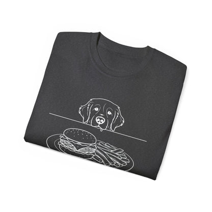 Dog Begging for Burger T-Shirt | Golden Retriever POV Line Art Tee