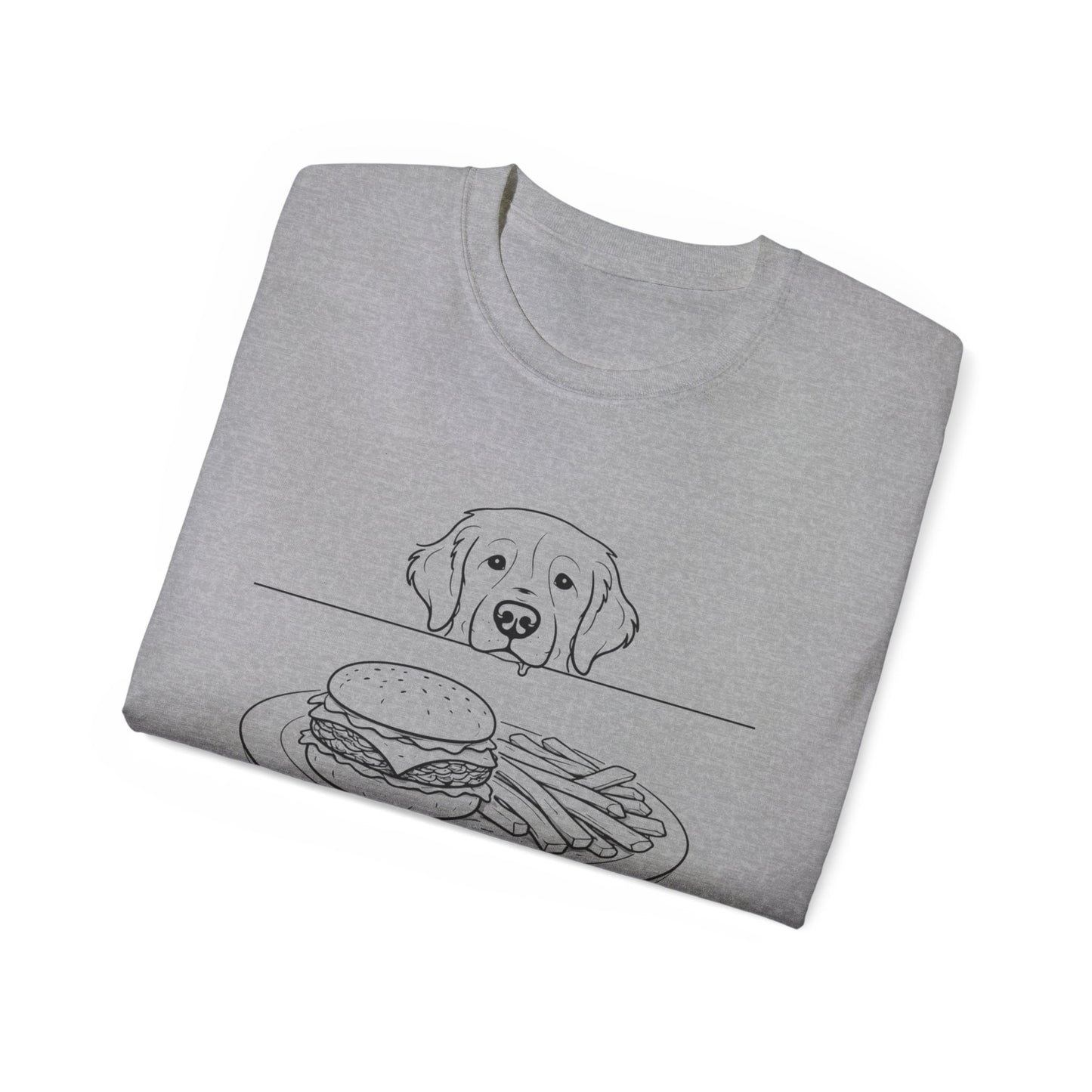 Dog Begging for Burger T-Shirt | Golden Retriever POV Line Art Tee