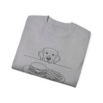Dog Begging for Burger T-Shirt | Golden Retriever POV Line Art Tee
