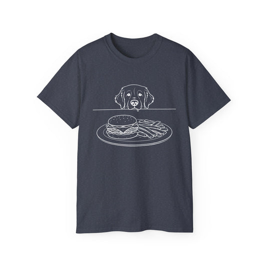 Dog Begging for Burger T-Shirt | Golden Retriever POV Line Art Tee